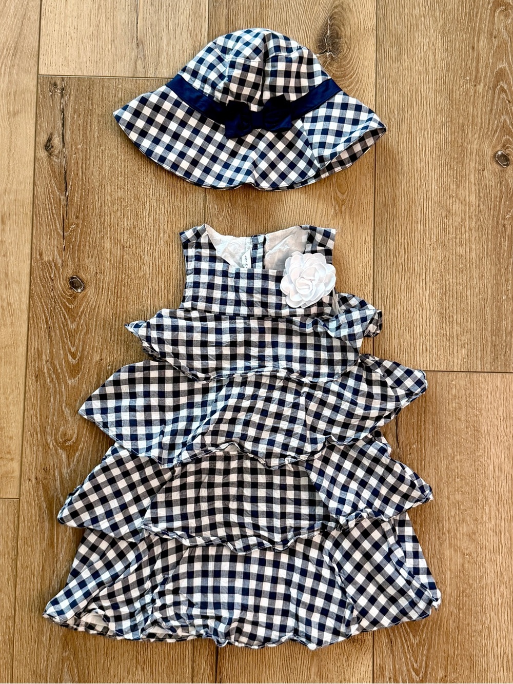 NWOT Janie and Jack Navy Blue Gingham Tiered Ruffle Dress & Hat - Size 4